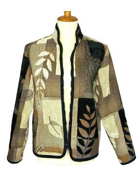 Vtg Coldwater Creek Womens Block Sweater Jacket Sz M Full Zip Brown Black Leaves